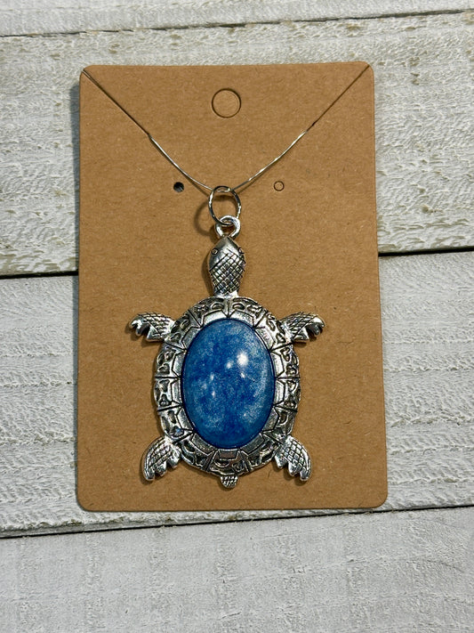 Custom Silver Turtle Pendant With Custom Blue Insert